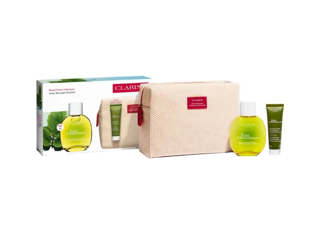 CLARINS SET Eau Extraordinaire Eau de Soins 100ml + Douche Revitalisante 30ml + Pochette