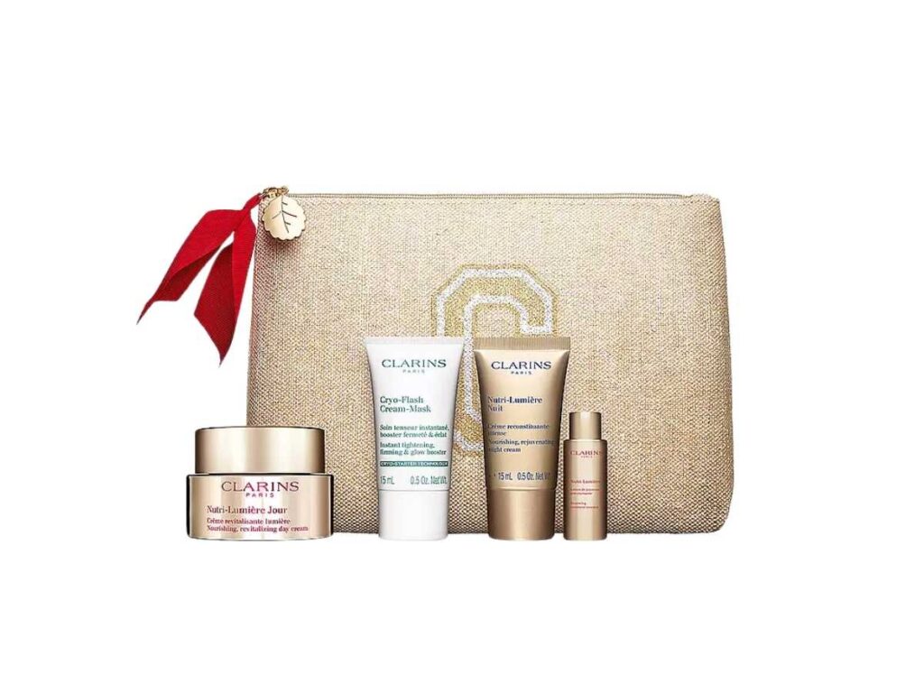 CLARINS SET Nutri-Lumiere Creme Jour 50ml + Cryo Flash Mask 15ml + NL Nuit 15ml+NL Lotion de Jeunesse 10ml + Pochette