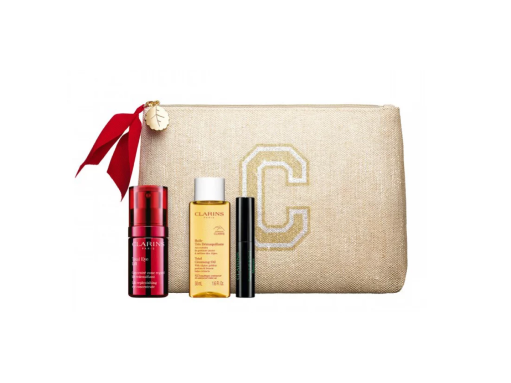 CLARINS SET Total Eye Lift 15ml + Huile Demaquillant 50ml + Pochette ++ Mini Supra Lift & Curl Mascara 01