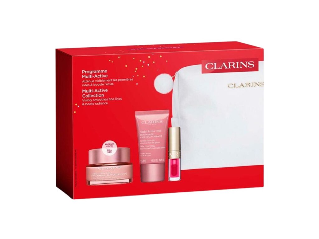 CLARINS SET Multi-Active Jour TP 50ml + Multi-Active Nuit TP 15ml + Pochette + Mini Lip Comfort Oil 04 + Double Serum Sample 0.9ml